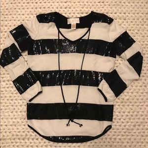 cashmere black sequin & white striped sweater